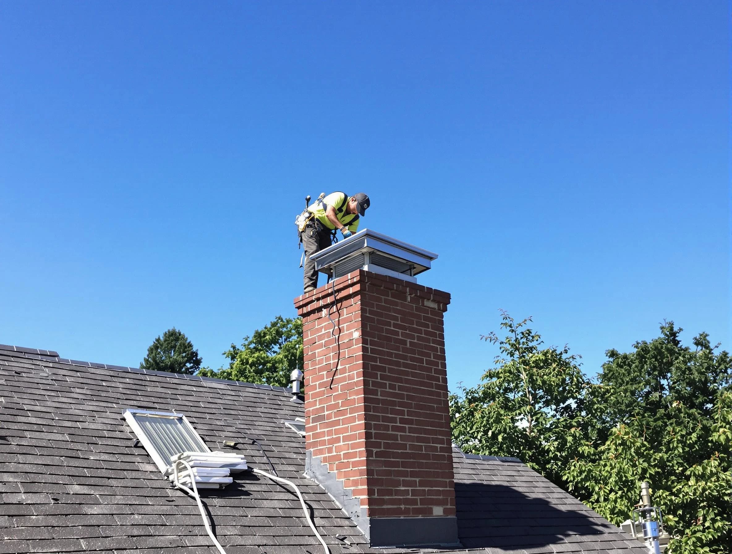American Fork Chimney Sweep technician measuring a chimney cap in American Fork, UT